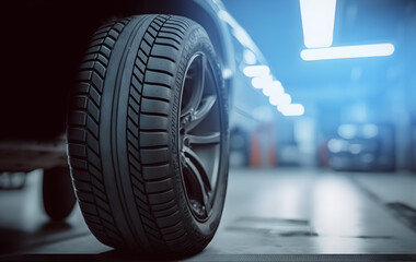 Garage service for changing wheels and tires for car, blur bokeh background banner. Generation AI