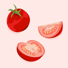 Tomato and tomato slices with seeds. Vector flat illustration. Healthy food. Food poster.