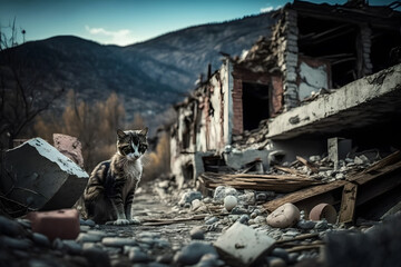 Earthquake in Turkey, alone Pet cat background rubble of house after natural disaster. Generation AI