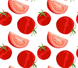 Tomato and tomato slices with seeds. Seamless vector pattern. Pattern of vegetables. Natural food.