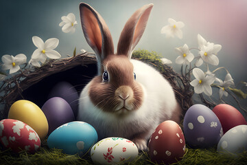 Easter Card background, Happy bunny in basket with decorated Eggs. Generation AI
