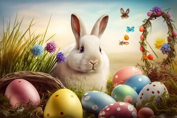 Easter Card background, Happy bunny in basket with decorated Eggs. Generation AI