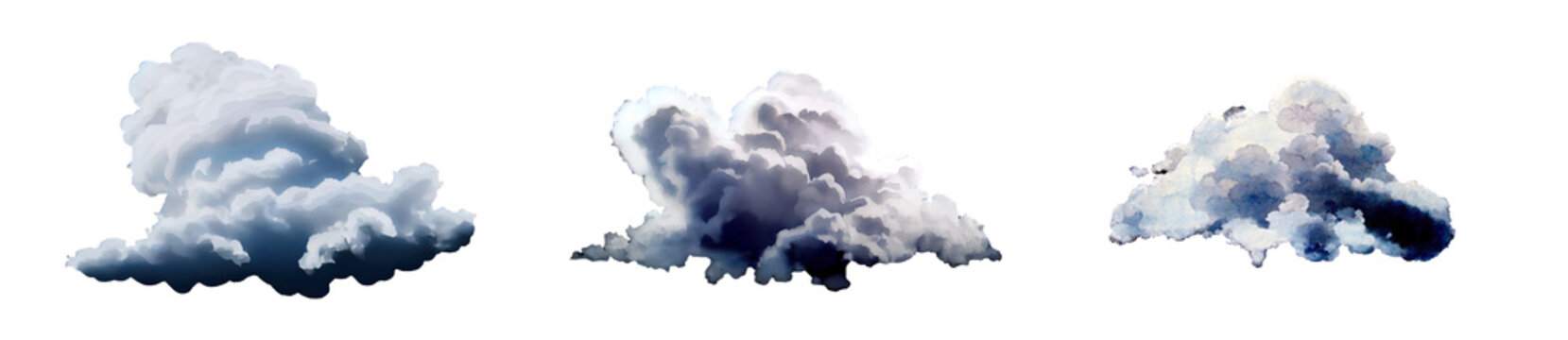 Pack of 3 cutout clean white clouds manga anime watercolor style with alpha transparent background png