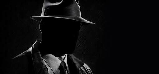 Old fashioned detective or mafia in hat on dark background, black and white color. Generation AI - obrazy, fototapety, plakaty