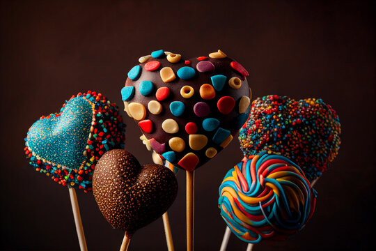 Chocolate heart shaped cake pops with colorful decorations, on dark background. Generative AI
