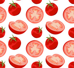Whole and sliced red tomatoes. Seamless pattern in vector. Suitable for print, social networks and websites. Vegan food.