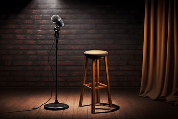 Poster background for stand up comedy stage microphone with reflectors ray. Concept open mic for monologue. Generation AI