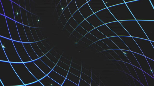 Neon spiral grid pattern with space dust in deep galaxy in 80s style, motion abstract futuristic, cyber and music style background