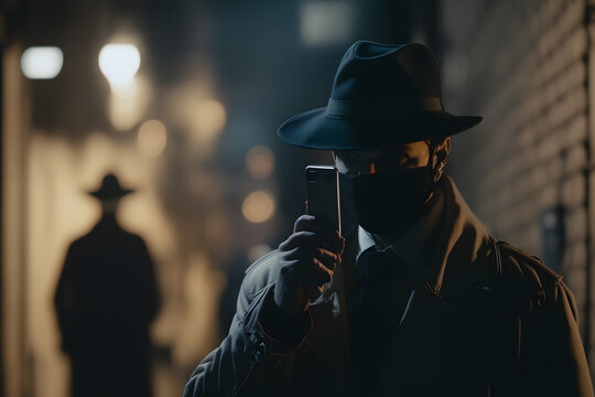 Criminal bandit watches victim in dark alley. Man is preparing to commit an attack to people. Generation AI