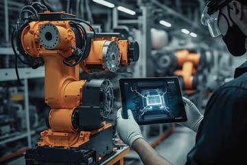 Fototapeta premium Operator driving a machine, in a factory, with a tablet. ia generate