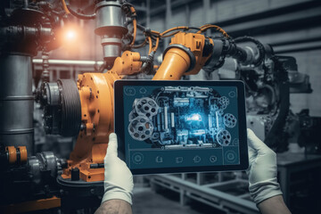 Operator driving a machine, in a factory, with a tablet. ia generate