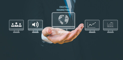 Male hand showing internet advertising symbol icon, modern digital marketing and selling online...