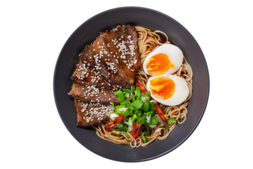 Ramen soup with beef, egg, chives isolated on transparent background, top view