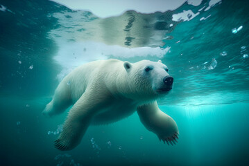 Obraz na płótnie Canvas Large polar bear submerged and diving to hunt under water in the ocean. Generative AI