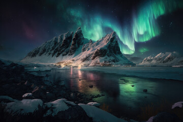 Naklejka premium Aurora borealis northern landscape. Generative AI