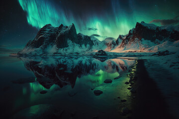 Aurora borealis northern landscape. Generative AI