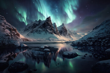Obraz premium Aurora borealis northern landscape. Generative AI
