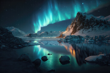 Fototapeta na wymiar Aurora borealis northern landscape. Generative AI