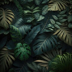 Naklejka na ściany i meble Tropical jungle background, green leaves background post, advertisement Generative AI