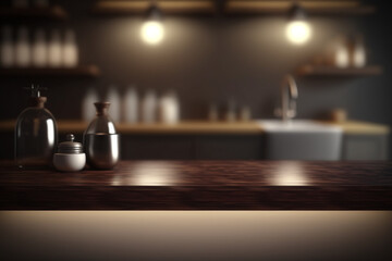 Perspective dark wood table, counter in the bathroom, mock-up for montage products display or design layout, Generative AI