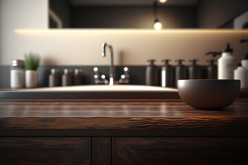 Perspective dark wood table, counter in the bathroom, mock-up for montage products display or design layout, Generative AI
