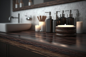 Perspective dark wood table, counter in the bathroom, mock-up for montage products display or design layout, Generative AI