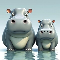 cute 3D hippo mom and cub standing on water reflections