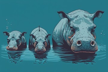 Flat style of hippo mom and cubs relax on the water blue background