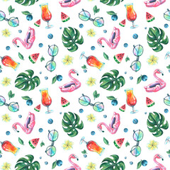 Tropical cocktails, monstera leaves, inflatable pink flamingo, watermelon slices, blueberries, plumeria flowers and sunglasses. Watercolor illustration. Seamless pattern from the BEACH BAR collection.