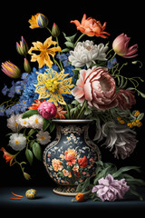 Flower Still Life Bouquet in Vintage Vase, Ancient Dutch Masters Imitation, Abstract Generative AI Illustration