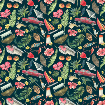 Retro cars, palm trees, hibiscus flowers, girls in swimsuits, tropical cocktails, beach loungers, umbrellas, pink flamingos. Watercolor illustration. Seamless pattern from the CUBA collection.