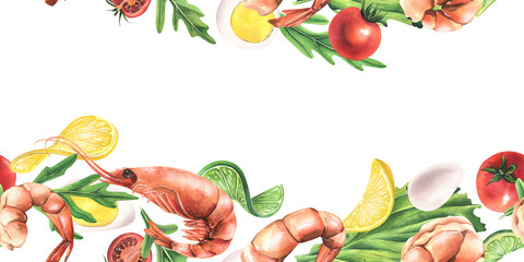 Boiled shrimp with lemon, tomatoes, eggs and arugula levitating. Watercolor illustration. Seamless banner from the SHRIMP collection. For the design and design of menus, recipes, packaging, cafes