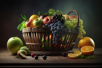 Basket Full of Fruits Closeup, Generative Ai