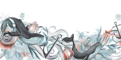 Whales with algae, shells, anchor, waves and spots, splashes of paint. Watercolor illustration. Seamless board from the collection of WHALES. For decoration and design of templates, invitations © NATASHA-CHU