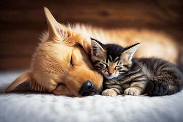 Naklejka premium Cat and dog sleeping. Puppy and kitten sleep.