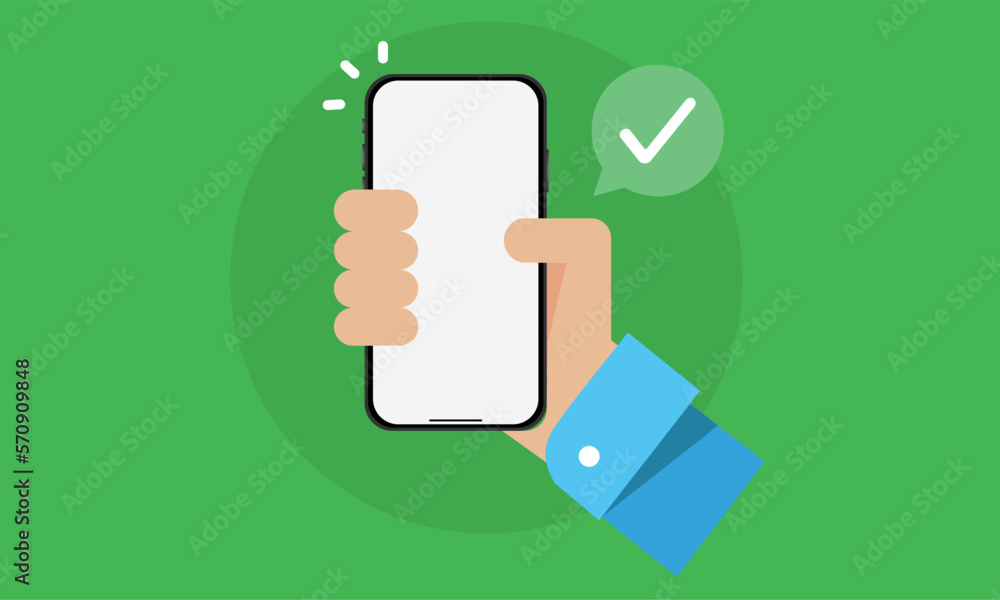 Poster hand holding smartphone with permission on green background with green check mark on mobile screen. 