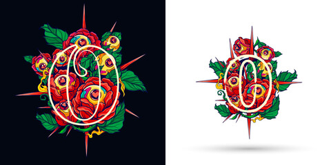 Alphabet Red Thorny Rose and Eye Abstract Letter O Hand Drawn