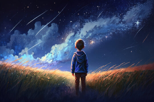 Happy boy have a outdoors on the field at summer, deep night and starry sky, dynamic scene, dynamic scene, ai generated