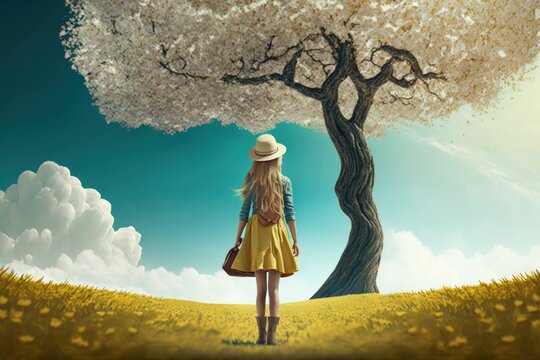 Art Picture Of A Girl Have A Walk Outdoors On The Field With Lonely Tree At Spring. Dynamic Windy Scene, Ai Generated