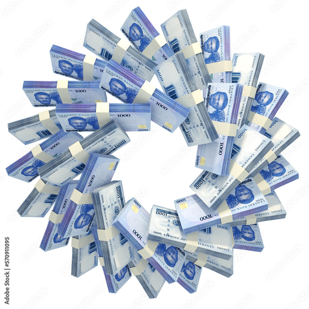 Poster 3d rendering of stacks of nigerian naira arranged in a circular pattern.