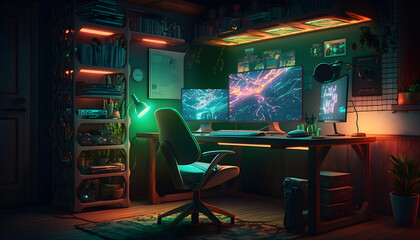 cozy desktop for a gamer, neon and wood