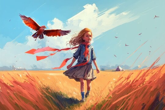 Art picture of girl have a walk outdoors on the field at summer, a beautiful bird near her, dynamic scene, ai generated