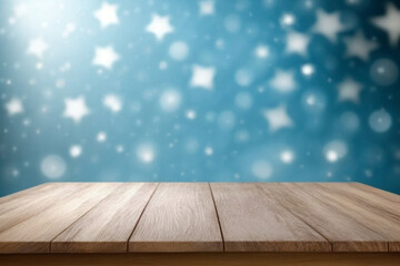 The perspective wood table over the blue background with silver stars, mock-up for montage products display or design layout, Generative AI