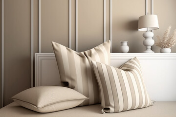 Beautiful bedroom interior, queen bed, and pillows in warm beige tones, Generative Ai