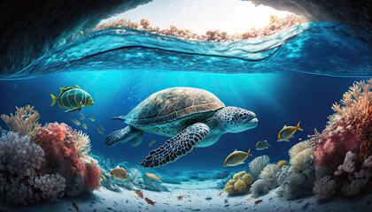 Fototapeta premium Sea turtle (tortoise) under ocean with coral reef shot by dome camera | Generative AI