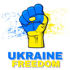 Vector illustration hand holding victory, be brave like Ukraine, brave, indomitable victorious spirit, Woman hand is folded into a fist in the Ukrainian style, yellow blue color, 