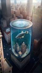 A large cylindrical aquarium in the middle of downtown New York. An imagined concept of urban attractions. Image created by AI.