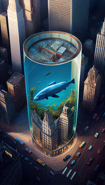 A large cylindrical aquarium in the middle of downtown New York. An imagined concept of urban attractions. Image created by AI.