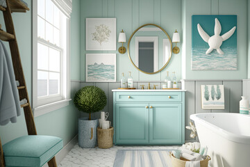 A coastal-themed bathroom with a nautical color palette and beach-inspired decor - Generative AI
