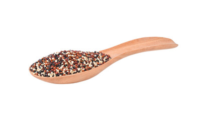 Mixed raw quinoa in wood spoon on transparent png.